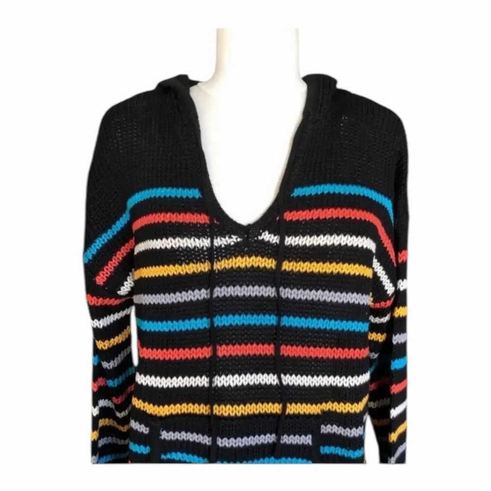 LoveStitch NWT Black Aqua Orange Stripe Kangaroo Pocket Hoodie Long Sleeve - Picture 2 of 13